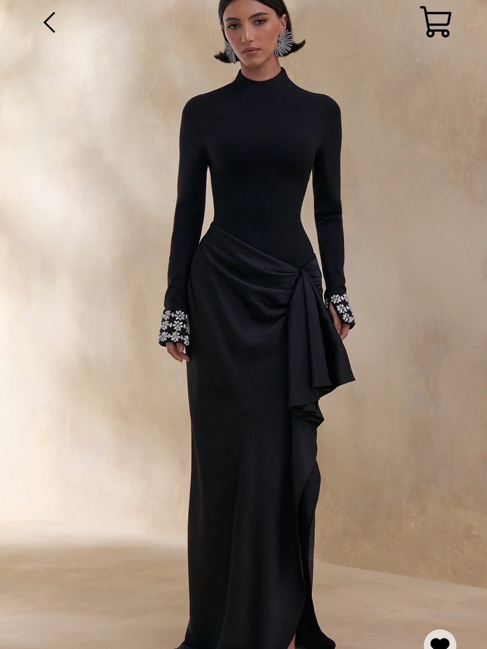 Club L London Black Long-Sleeve Draped Evening Gown with Embellished Cuffs